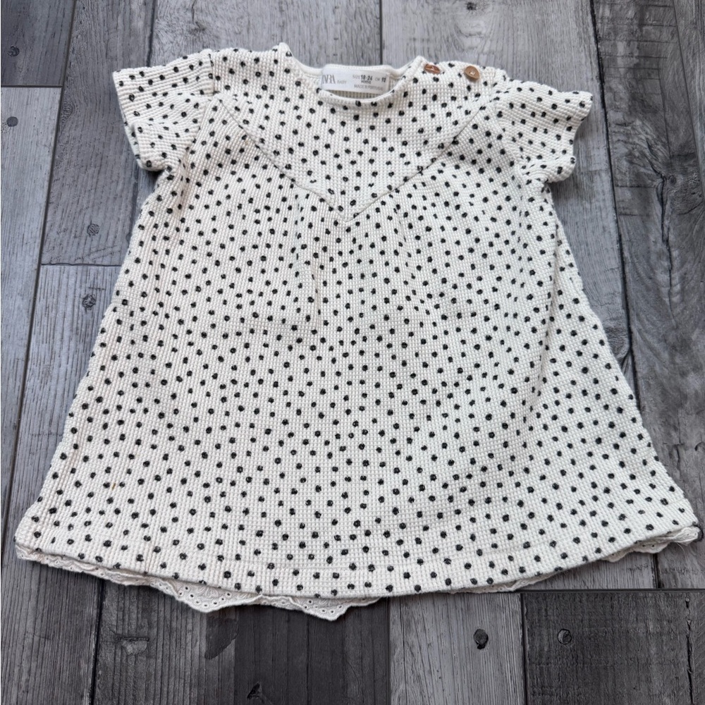 Zara Girls Polka Dot Jacquard Short Sleeve Waffle Lace Black White 18-24 months